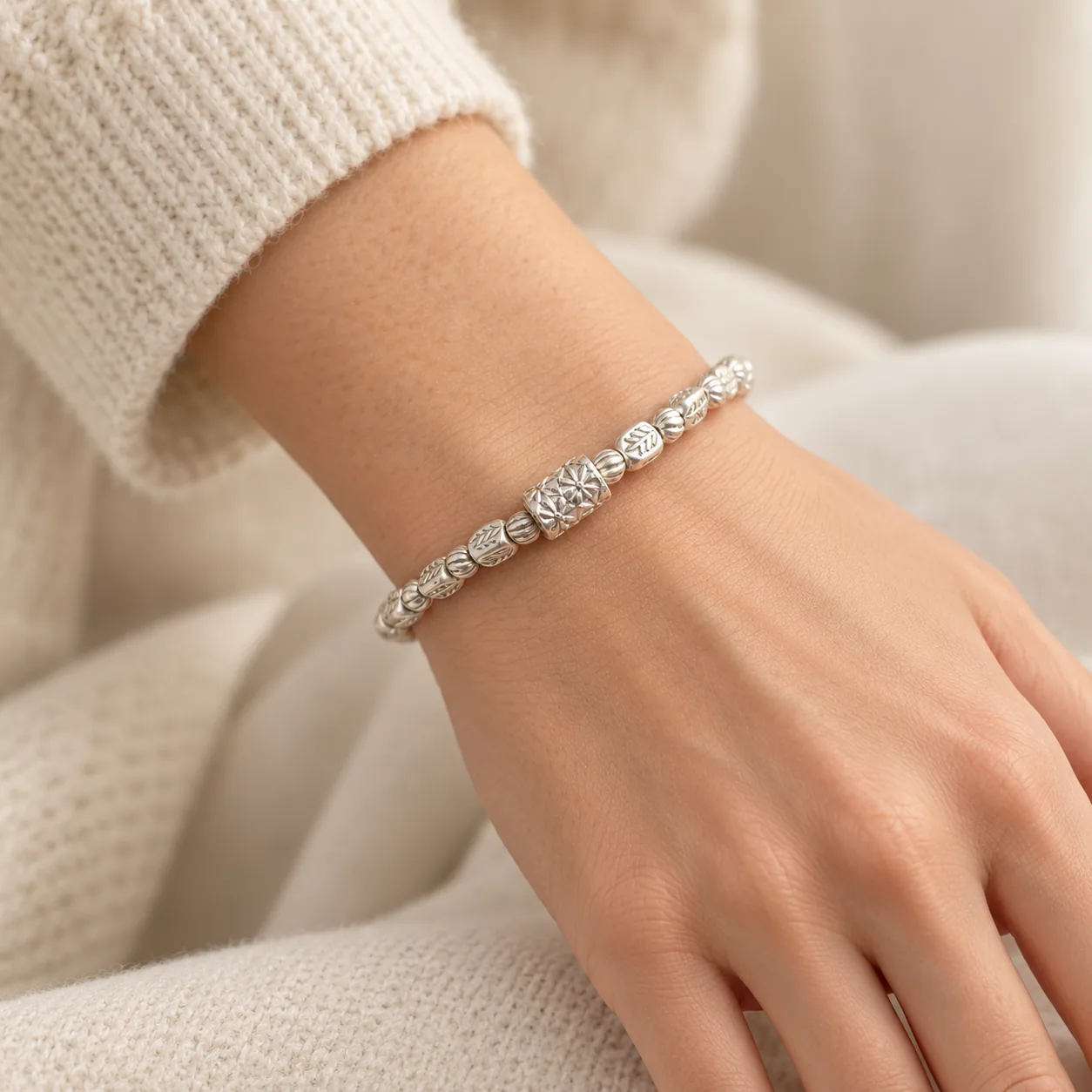 Textured Silver Bead Bracelet detail 3