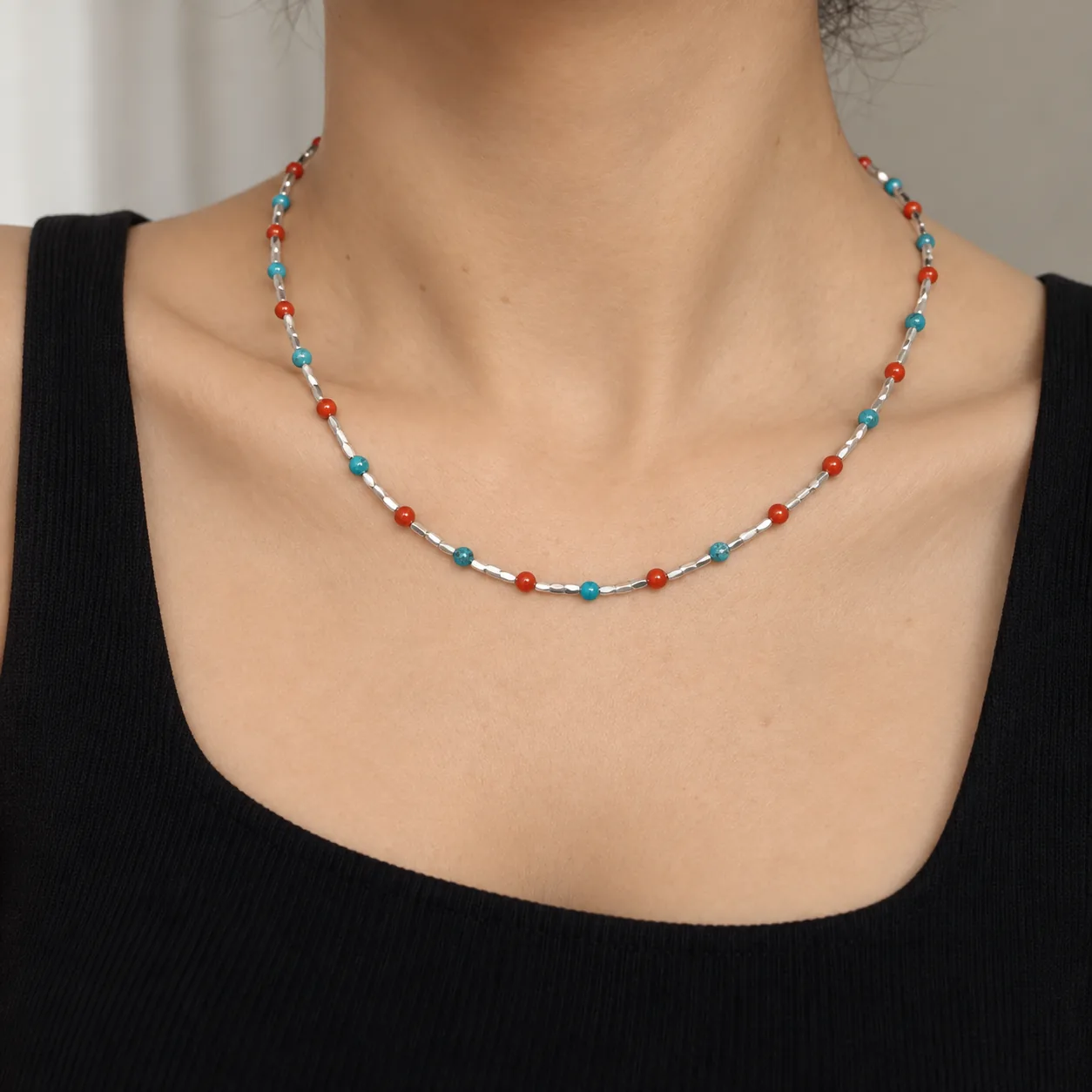 Turquoise & Agate Silver Necklace detail 5