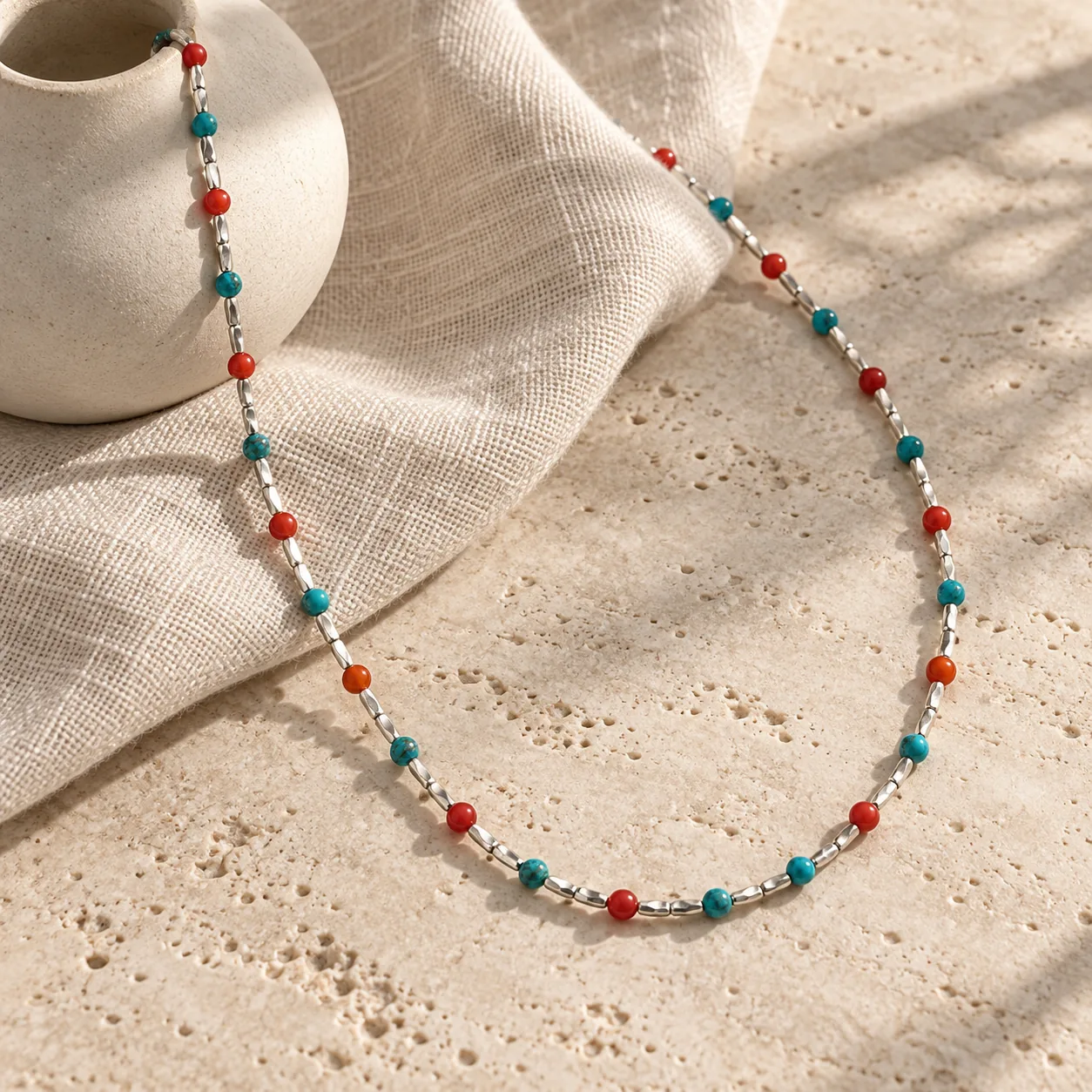 Turquoise & Agate Silver Necklace detail 6