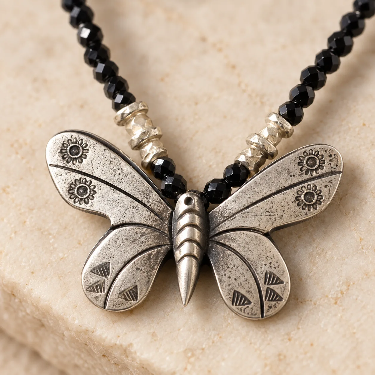 Black Spinel Butterfly Necklace detail 3