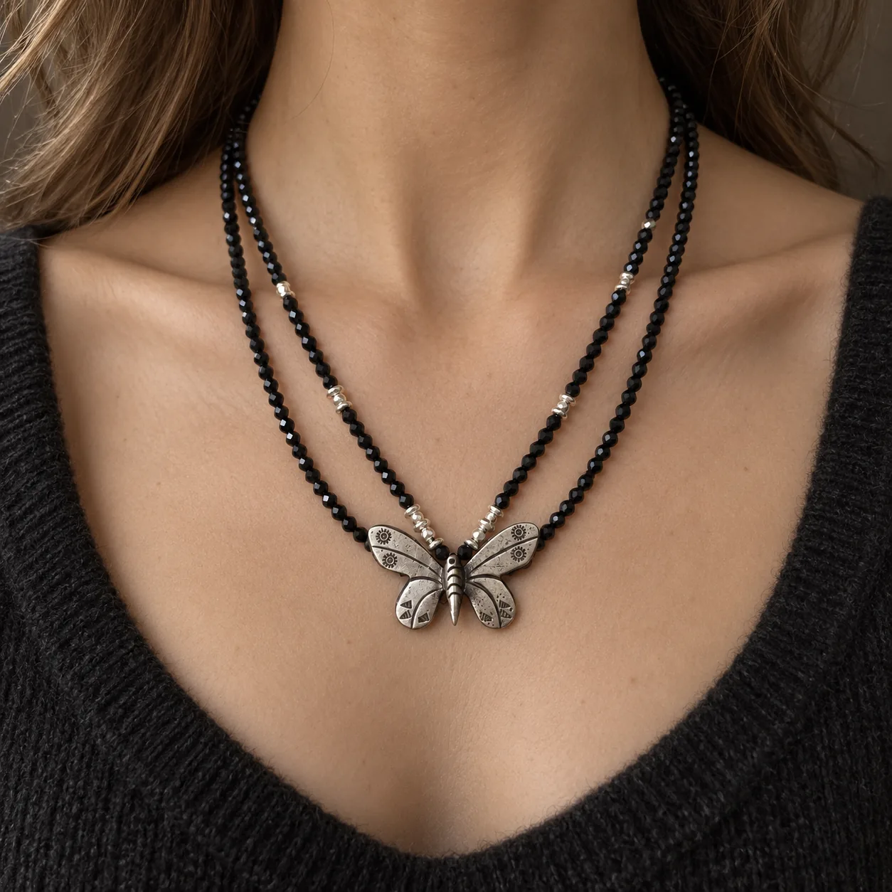 Black Spinel Butterfly Necklace detail 5