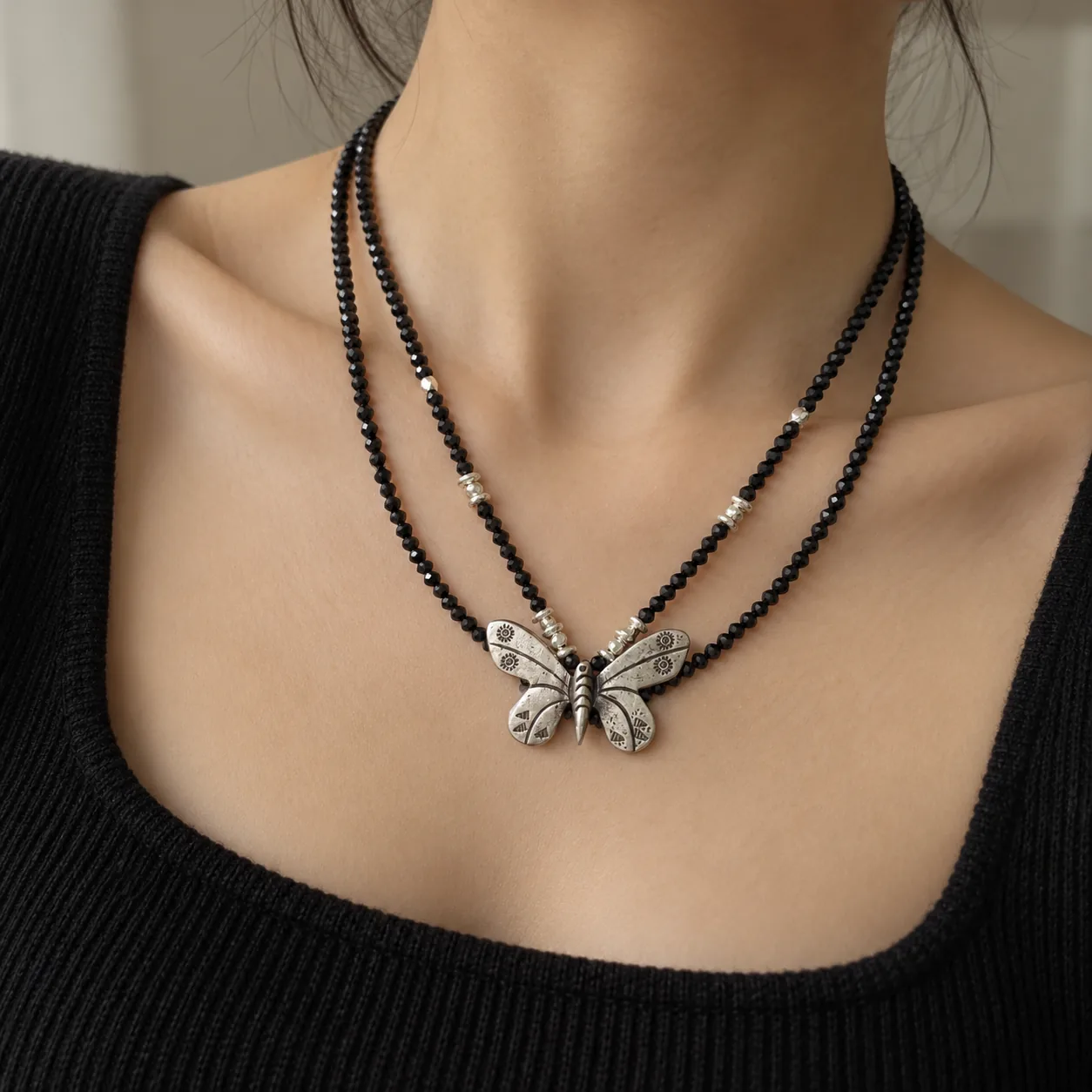 Black Spinel Butterfly Necklace detail 6