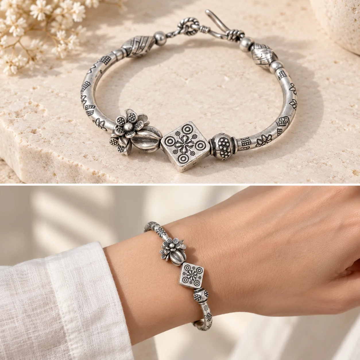 Antique Floral Silver Bracelet detail 5