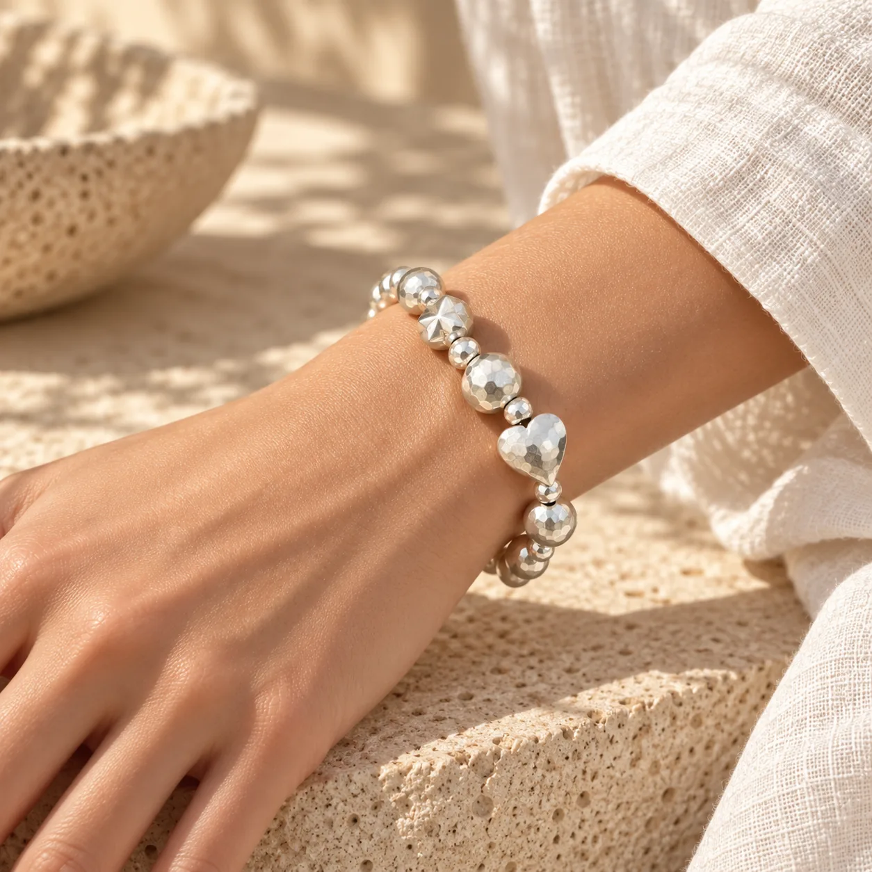 Hammered Heart Silver Bracelet detail 6