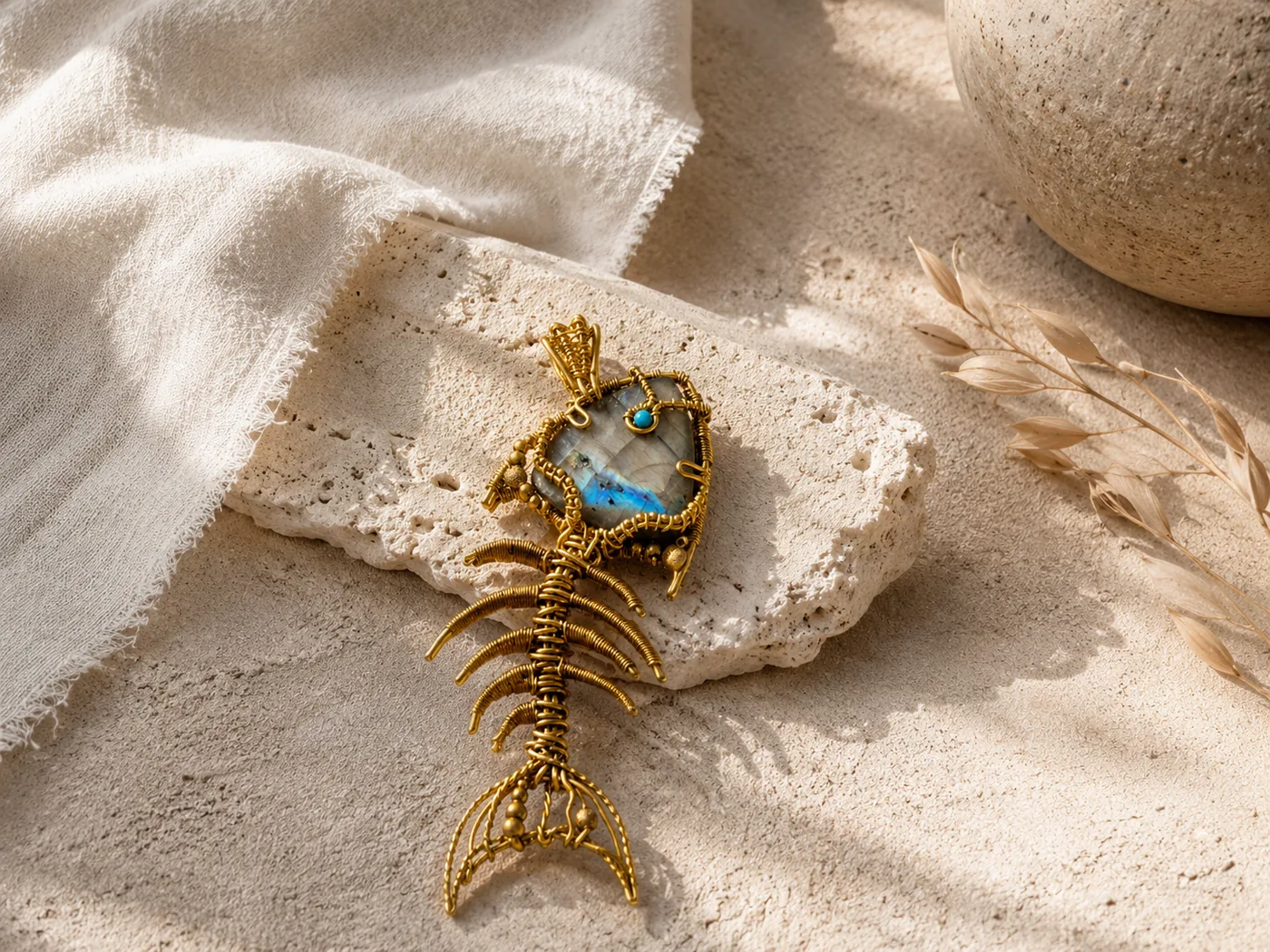 BLUE DRIFT Labradorite Fishbone Pendant detail 3