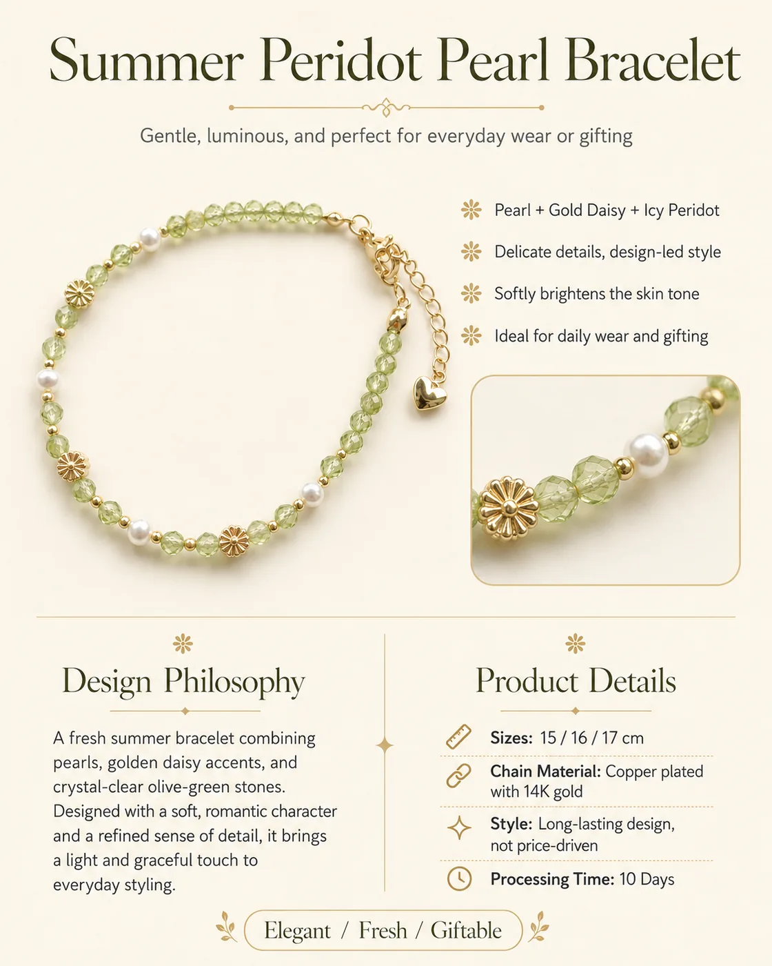Peridot Daisy Pearl Bracelet detail 5