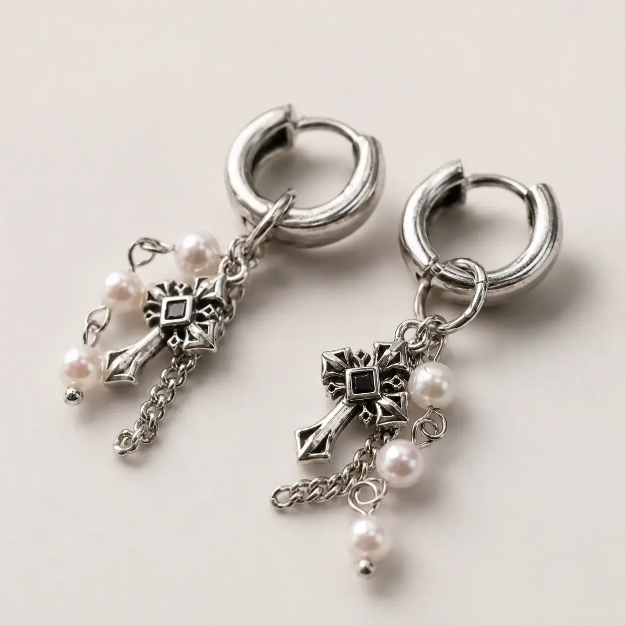 TRIJORA Gothic Cross Tassel Pearl Earrings detail 4