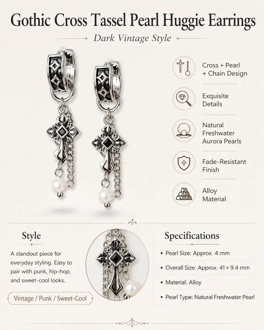 TRIJORA Gothic Cross Tassel Pearl Earrings detail 5