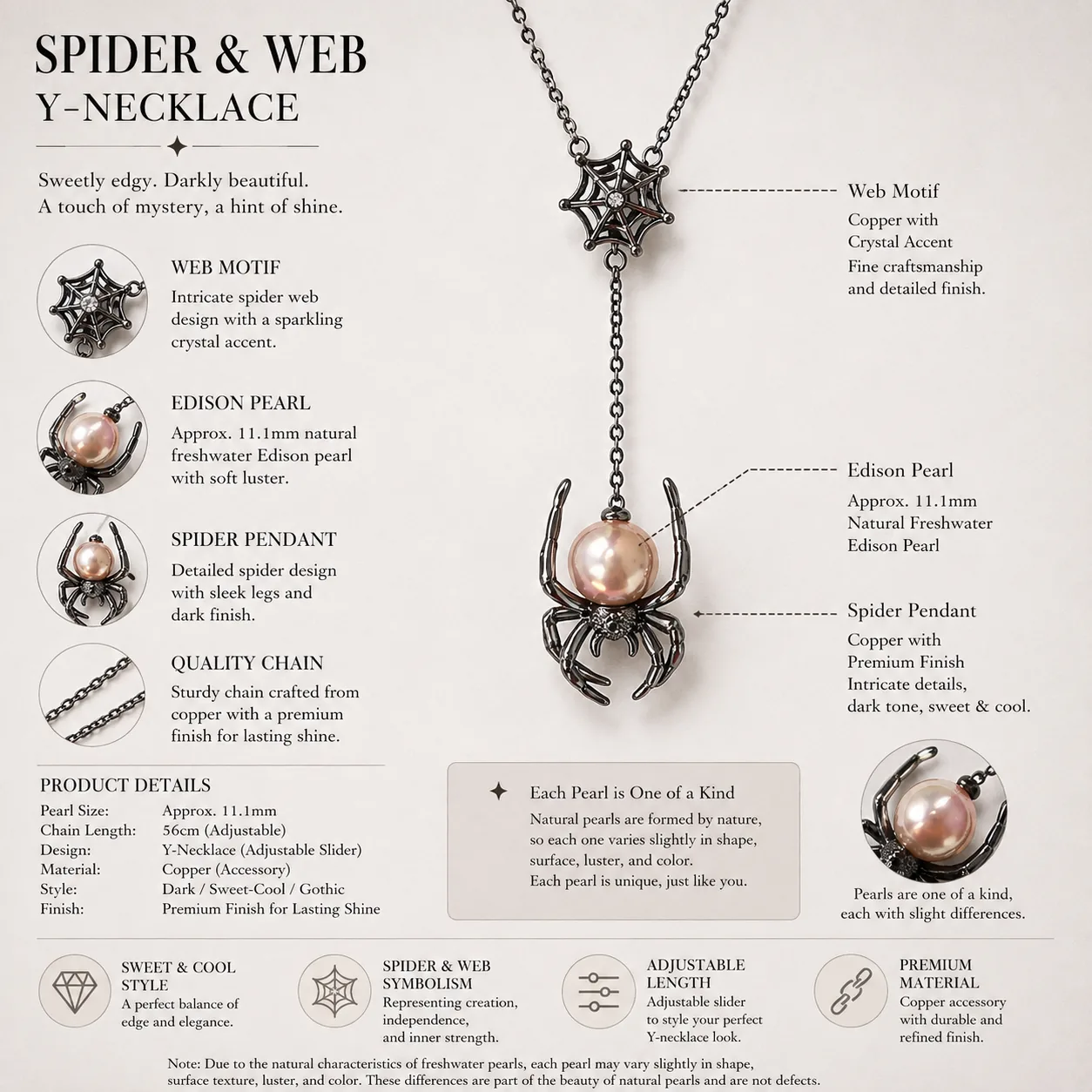 Dark Spider Edison Pearl Y-Necklace detail 4