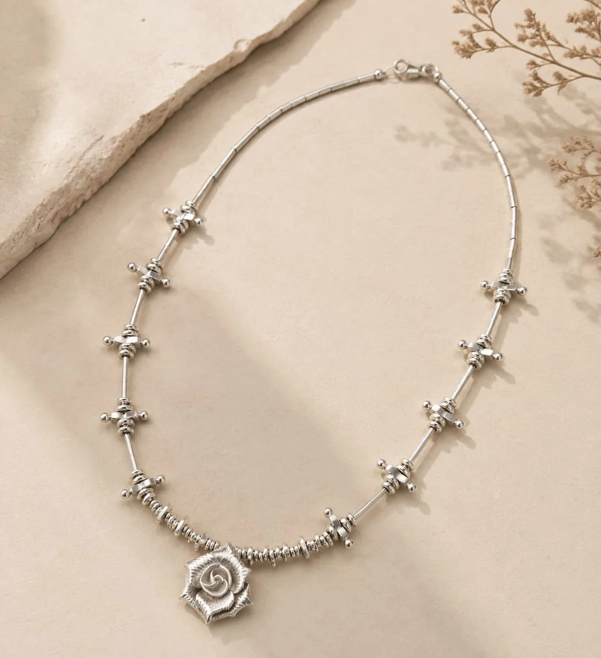 Handcrafted 925+ Sterling Silver Rose Necklace detail 3