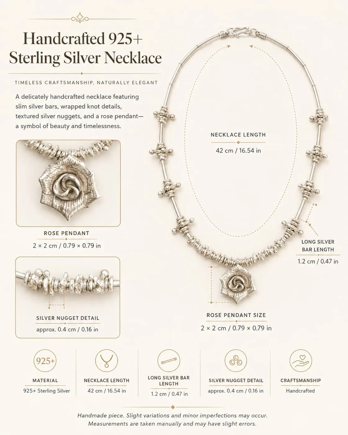 Handcrafted 925+ Sterling Silver Rose Necklace detail 4
