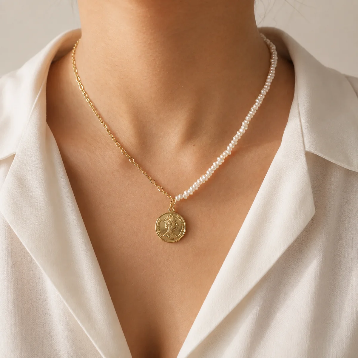 Coin & Pearl Pendant Necklace worn or styled