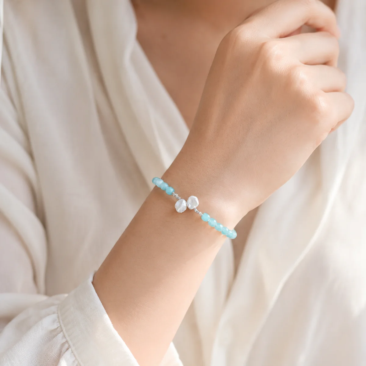 SEA PETAL Amazonite & Baroque Pearl Bracelet worn or styled