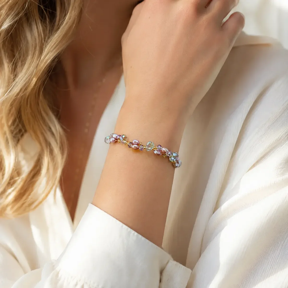 TRIJORA Blush Aurora Pearl & Crystal Bracelet worn or styled