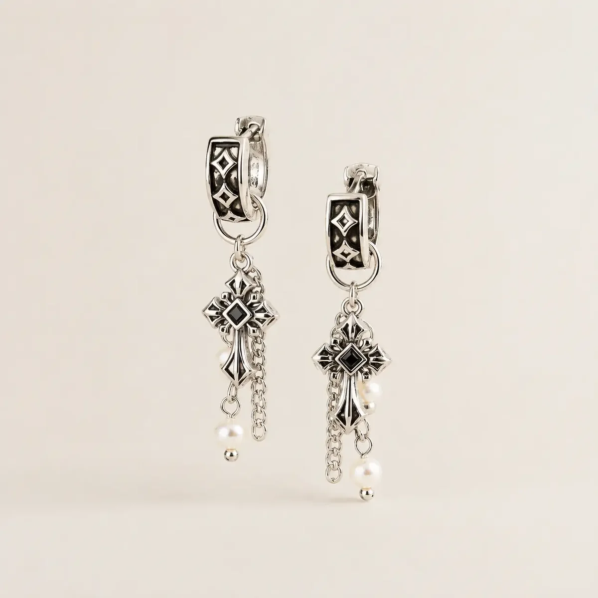 TRIJORA Gothic Cross Tassel Pearl Earrings product view