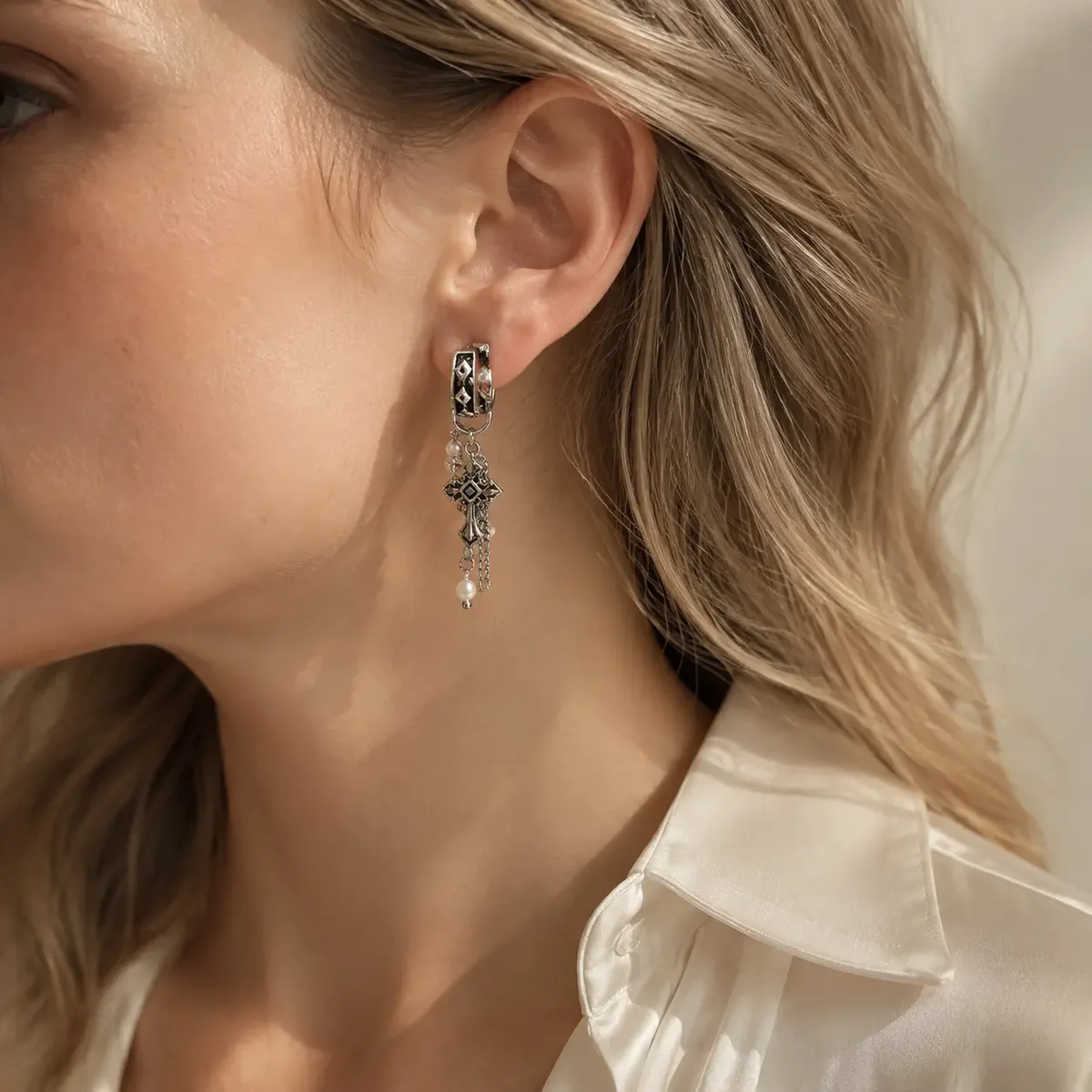 TRIJORA Gothic Cross Tassel Pearl Earrings worn or styled
