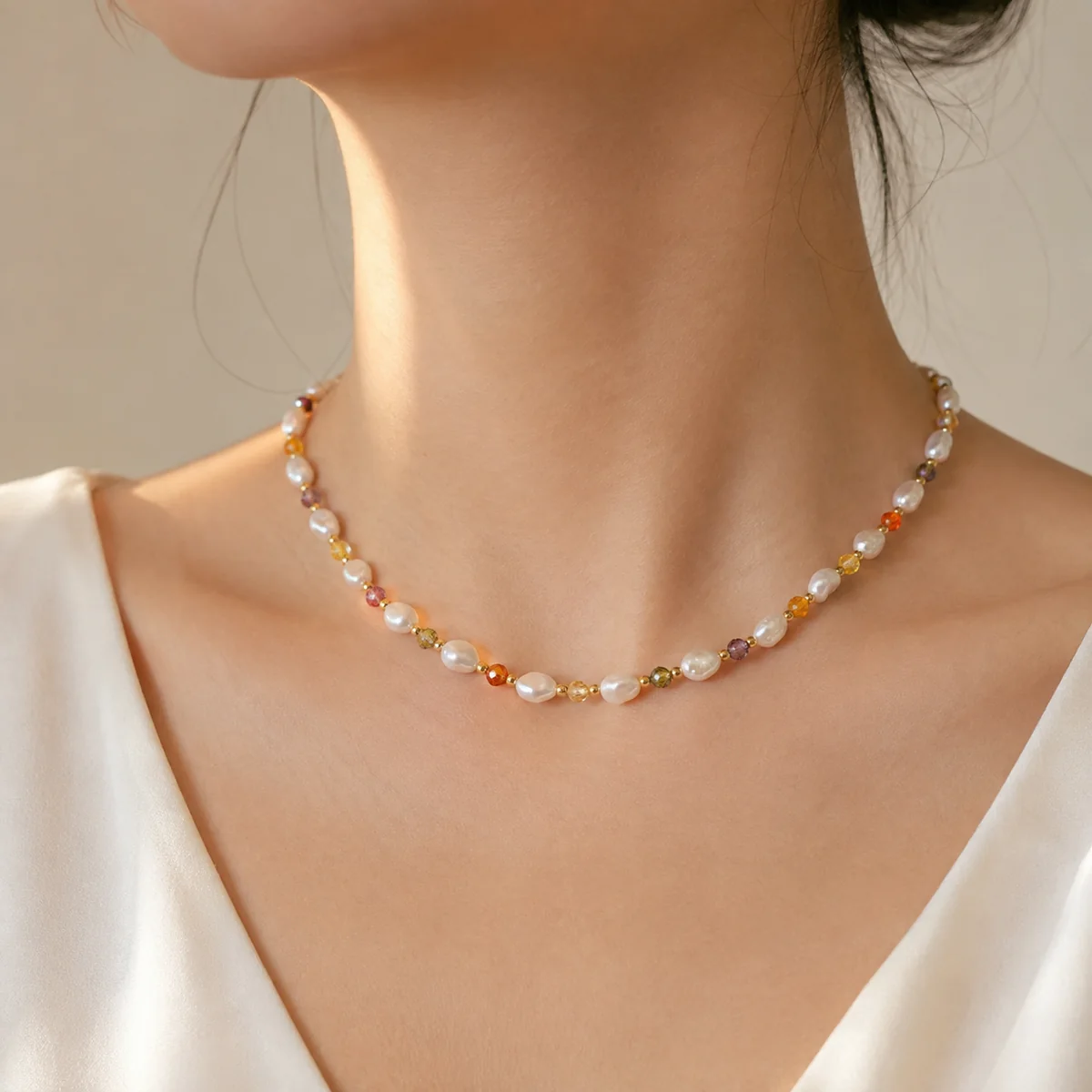 Zircon & Baroque Pearl Necklace worn or styled