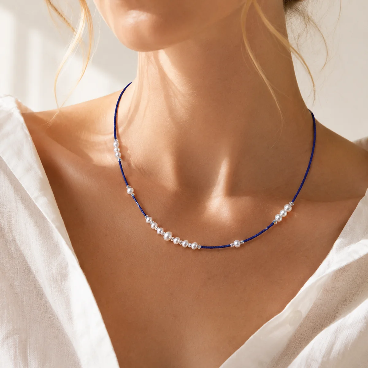 STELLAR TIDE Lapis & Pearl Necklace worn or styled