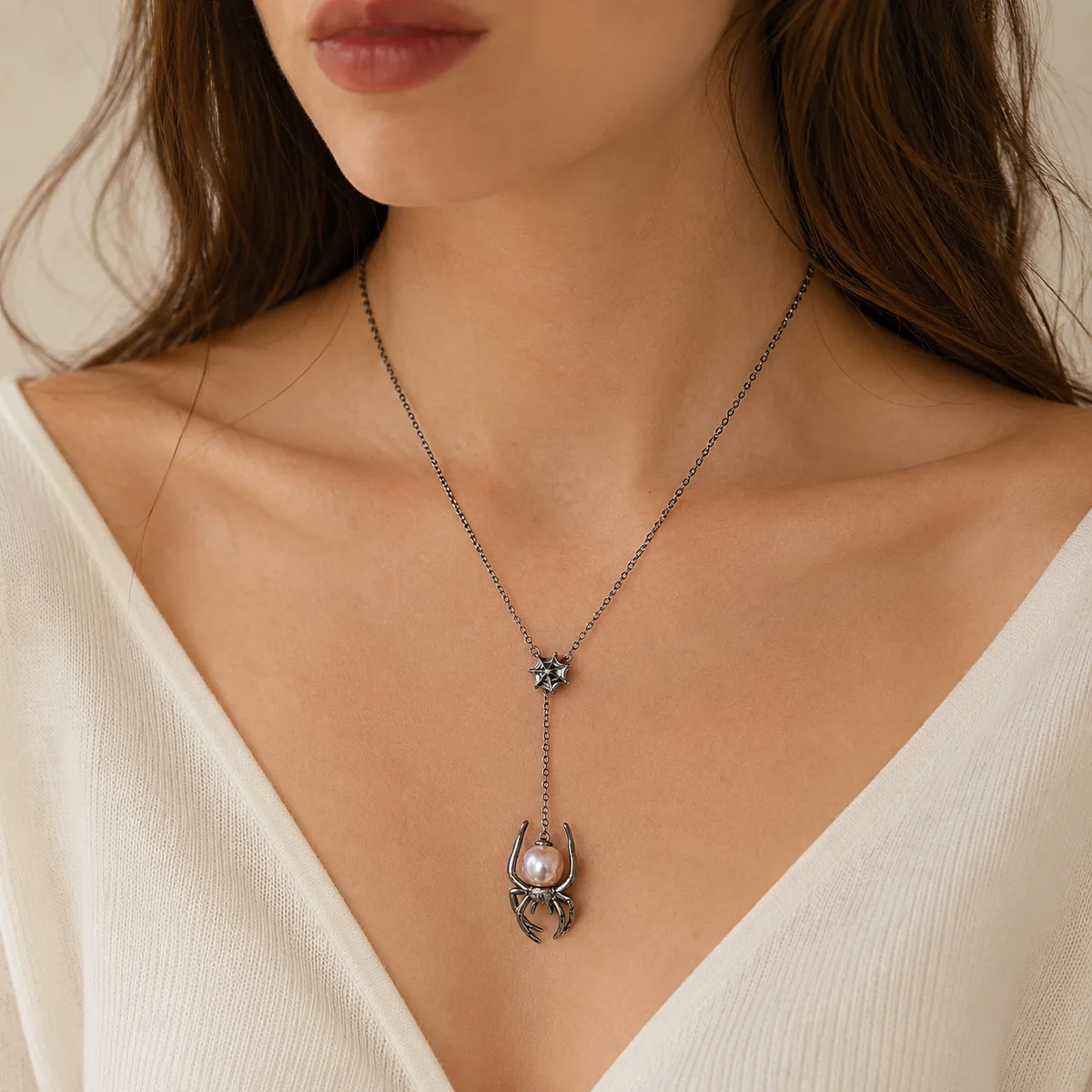 Dark Spider Edison Pearl Y-Necklace worn or styled