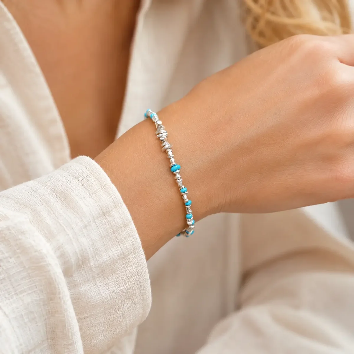 TRIJORA Hubei Turquoise & Handmade Silver Bracelet worn or styled