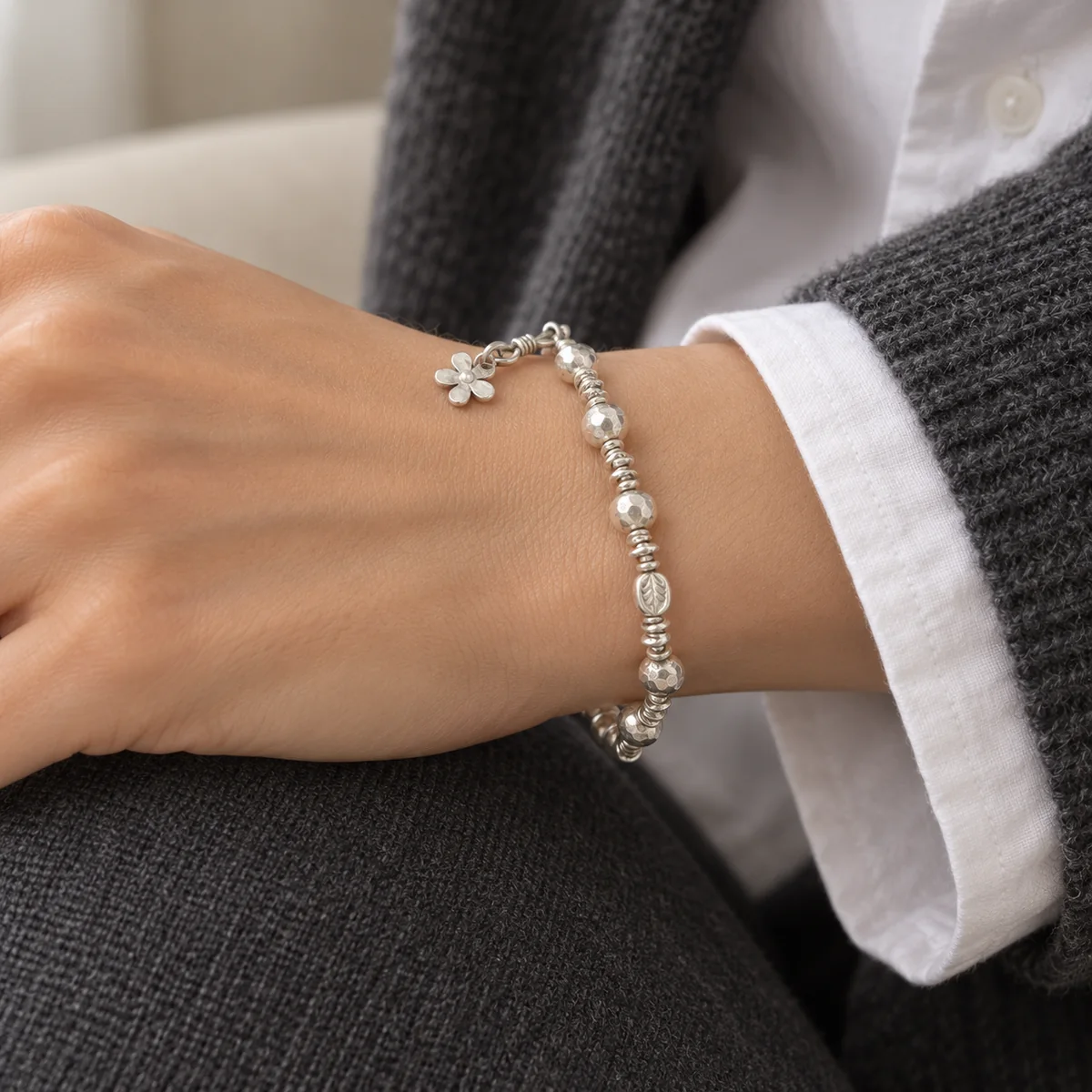 Hammered Silver Bead Bracelet worn or styled