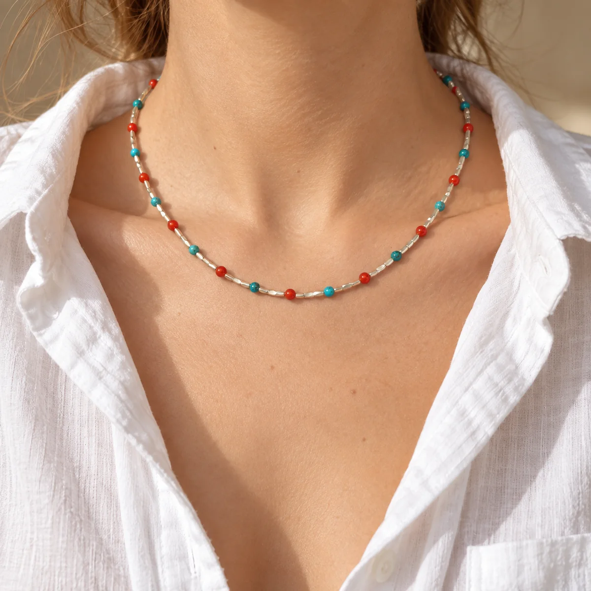 Turquoise & Agate Silver Necklace worn or styled