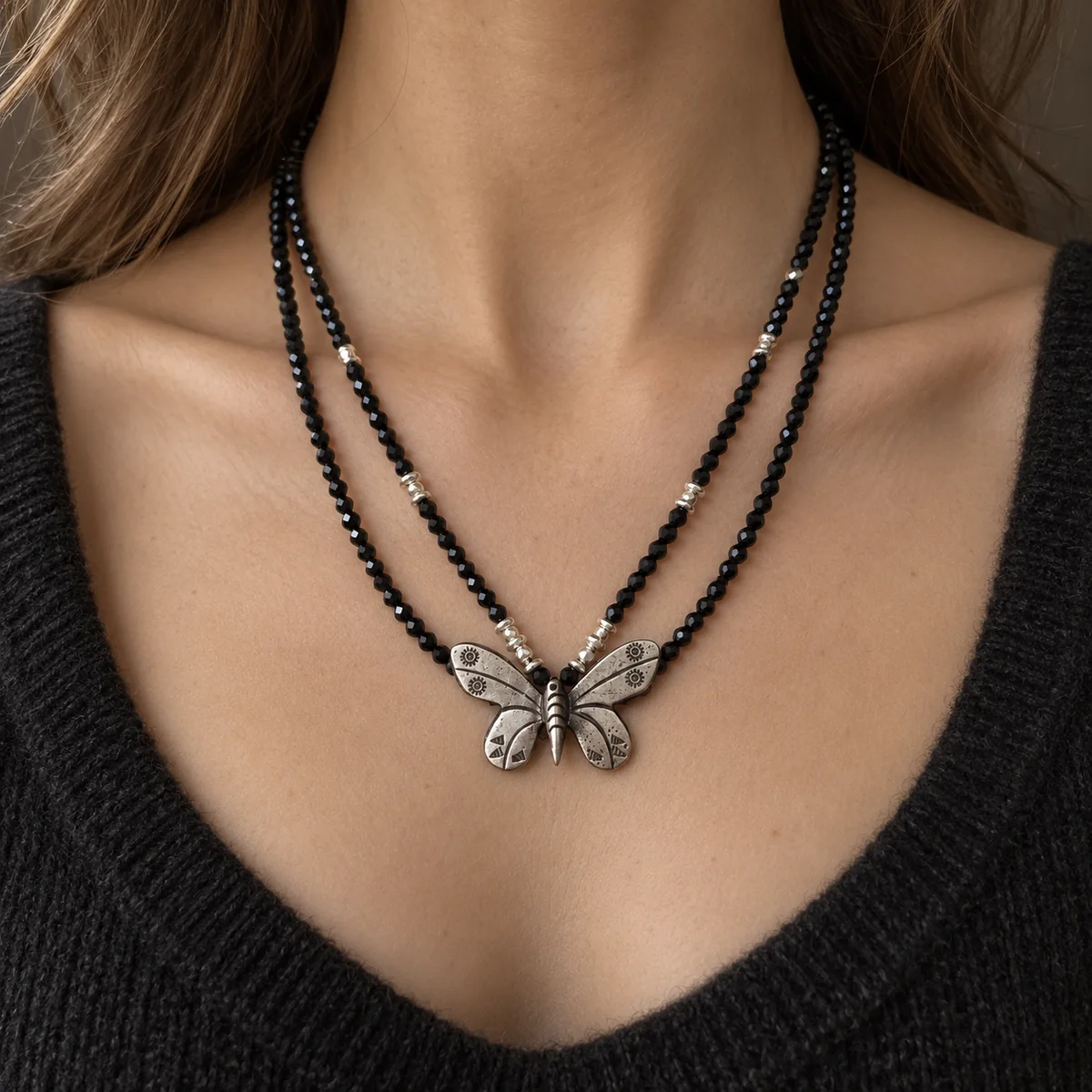 Black Spinel Butterfly Necklace worn or styled