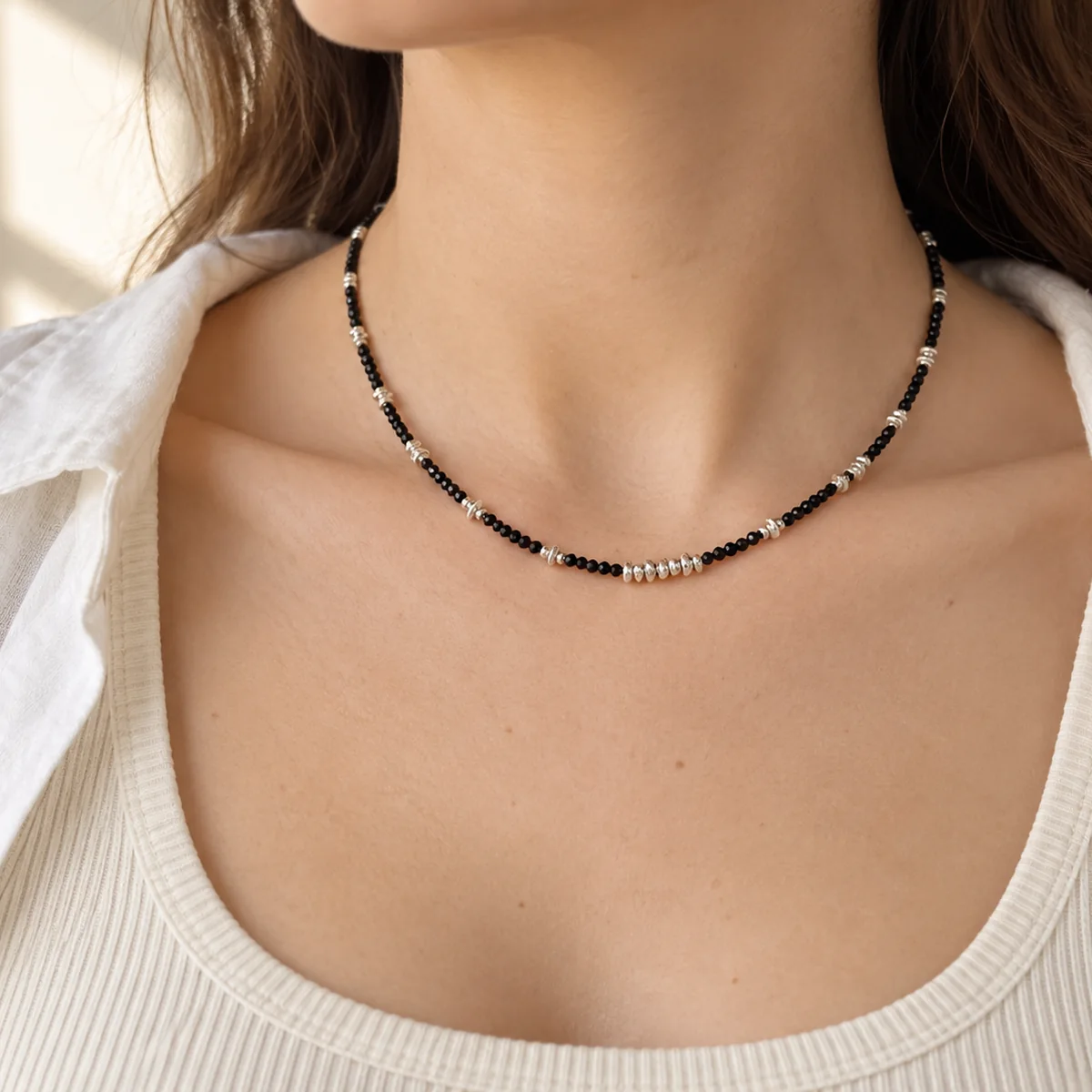 Black Spinel Silver Necklace worn or styled