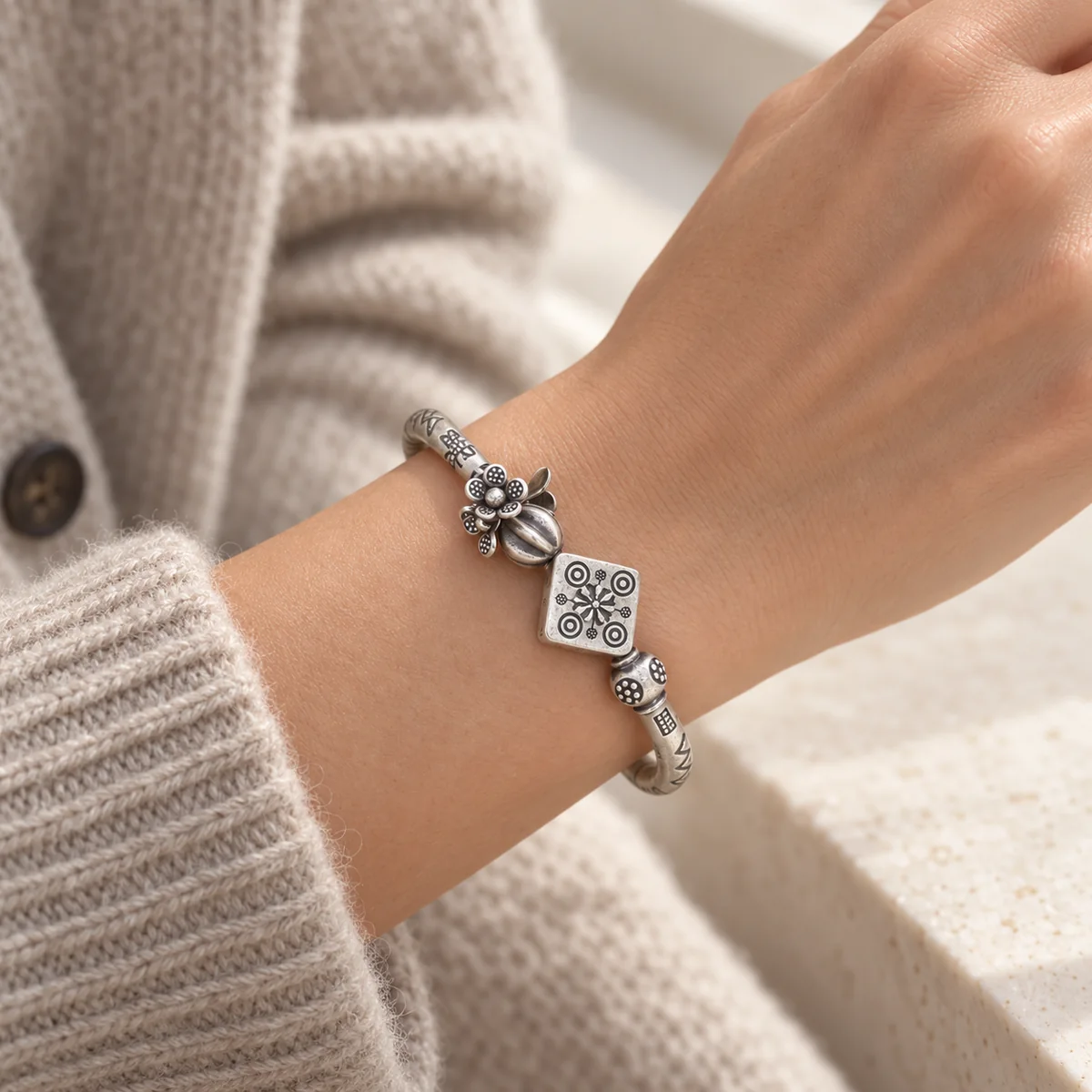 Antique Floral Silver Bracelet worn or styled