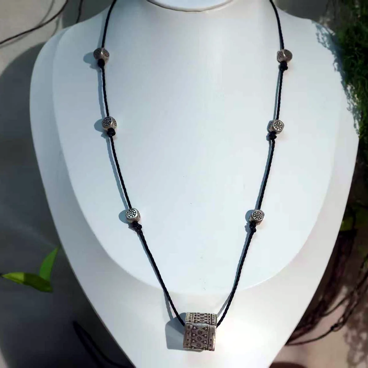 Black Cord Square-Tag Necklace