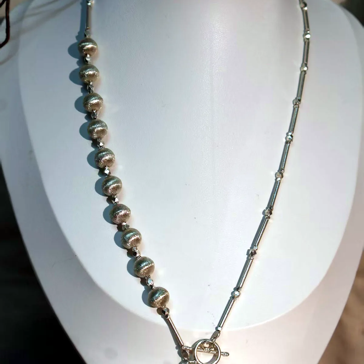 Silver-Grain Long Bead Necklace
