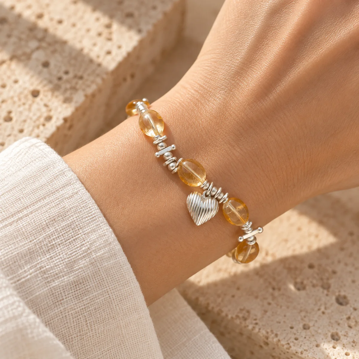 Citrine Heart Silver Bracelet worn or styled