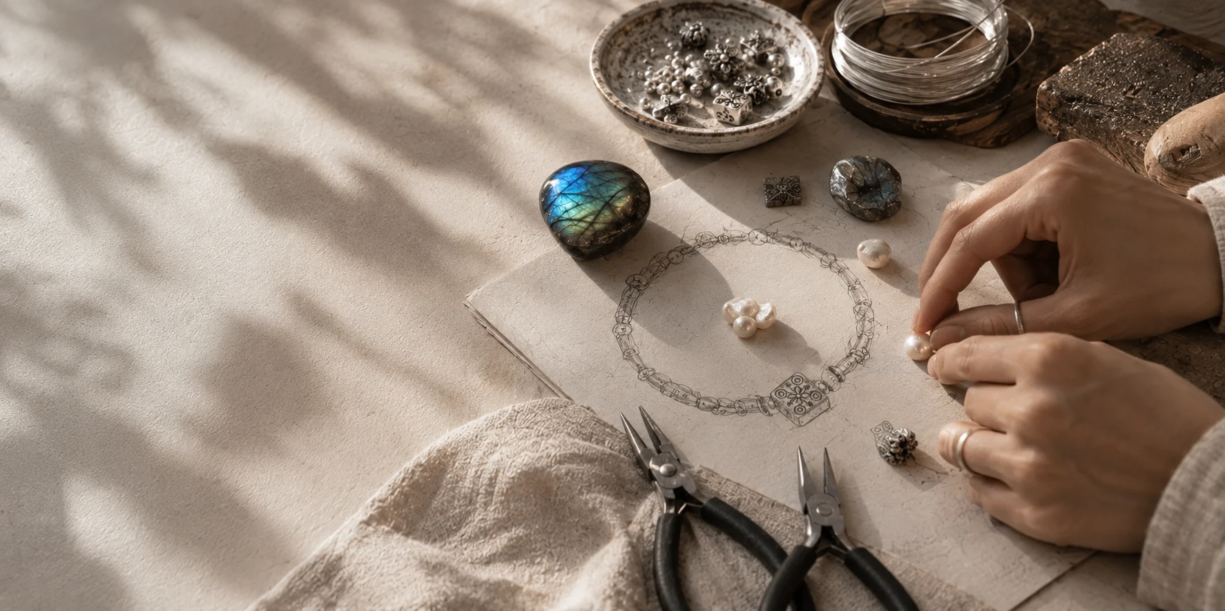 Hands, sketches, tools and jewelry materials at a studio table