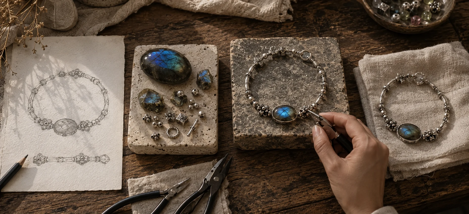 Jewelry in production on the workbench