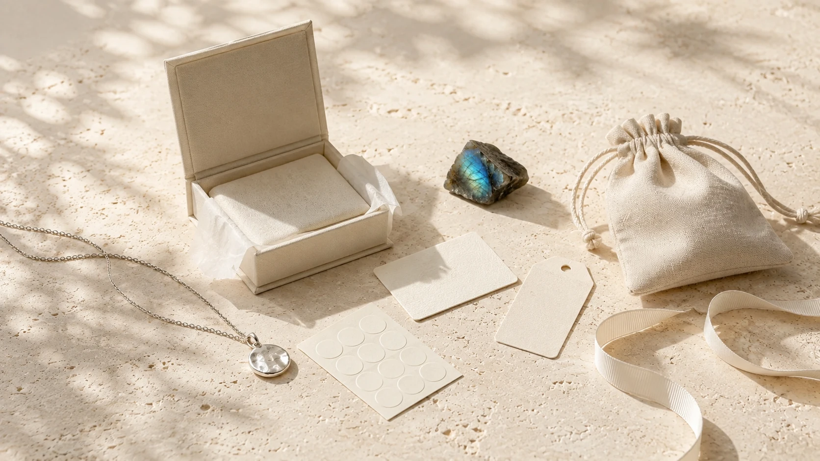 Custom jewelry boxes, cards, tags and linen pouch