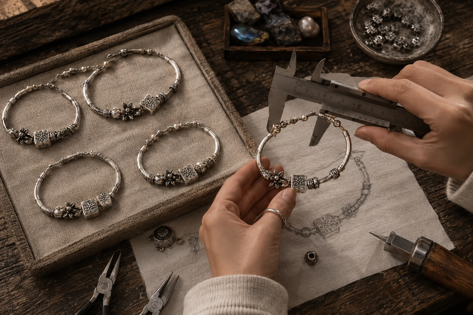 A small custom jewelry collection arranged for inspection