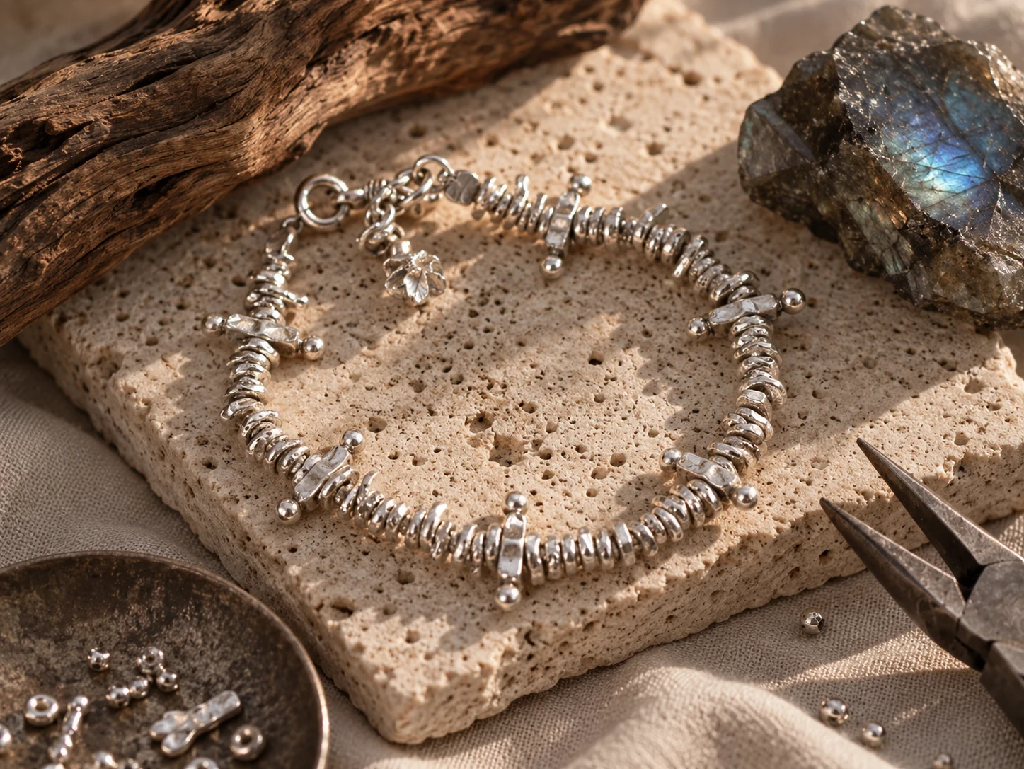 Handcrafted sculptural silver bracelet on stone