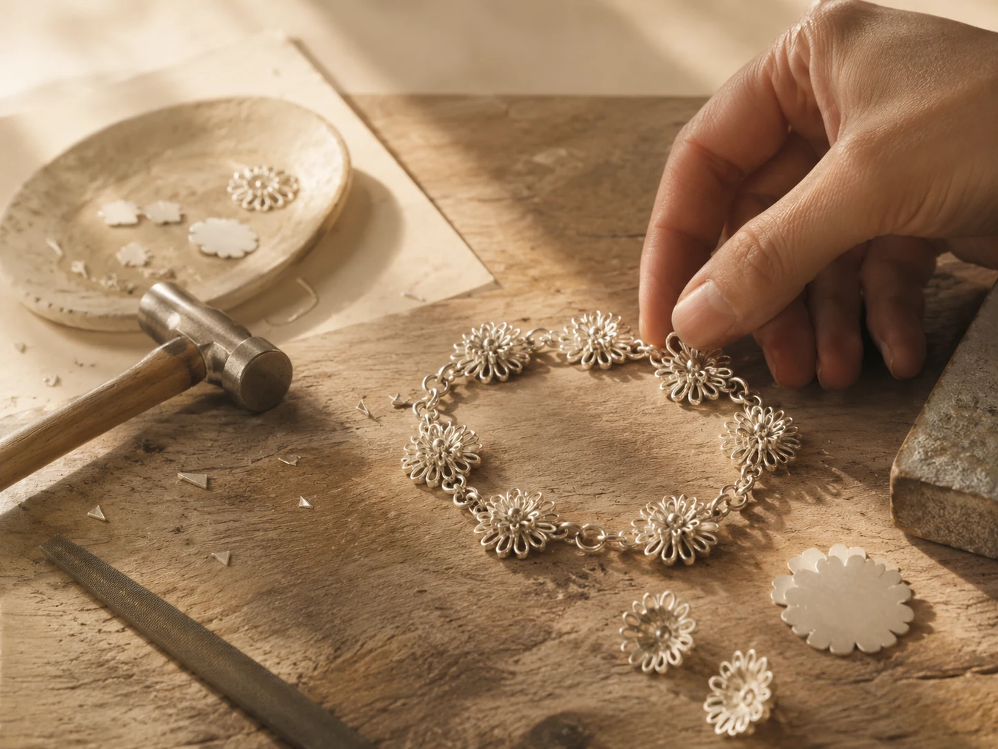 A silver flower bracelet being finished by hand at the workbench