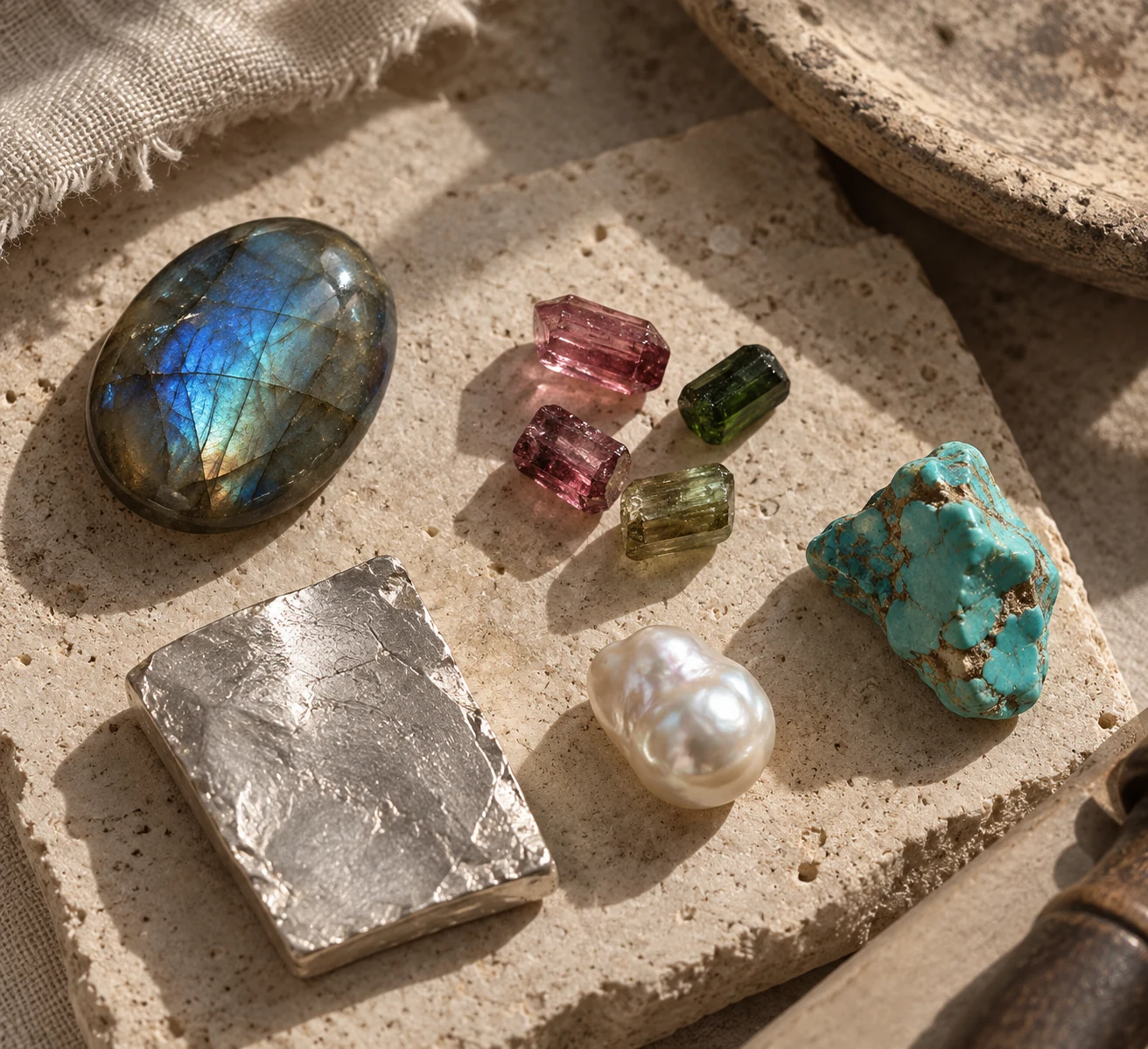 Labradorite, tourmaline, turquoise, pearl and silver on stone