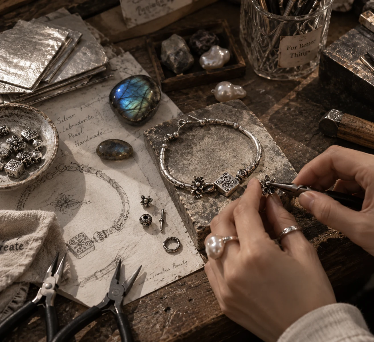 Custom silver jewelry development at the workbench
