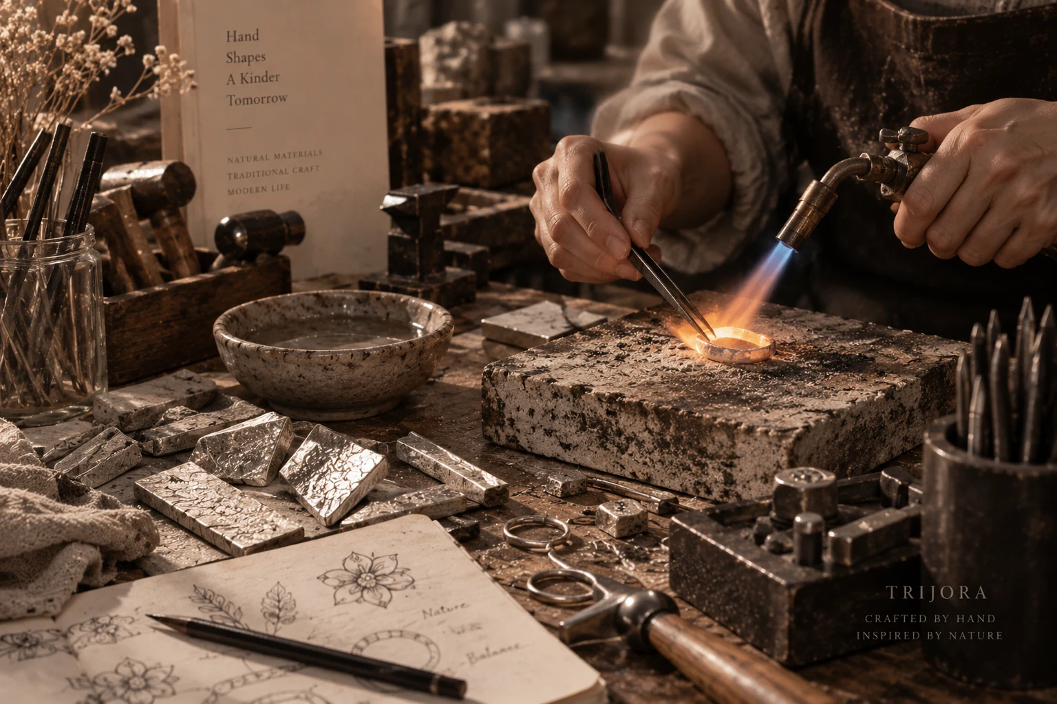 A TRIJORA maker shaping silver by hand at the workbench