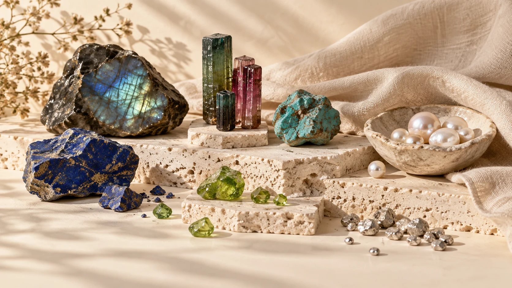 Silver, labradorite, turquoise, tourmaline, lapis lazuli, peridot and pearl on travertine