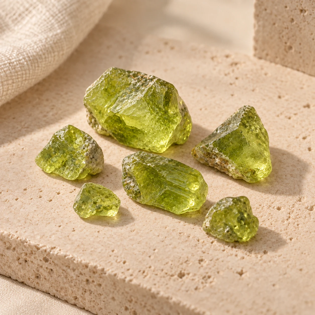 Fresh green natural peridot crystals