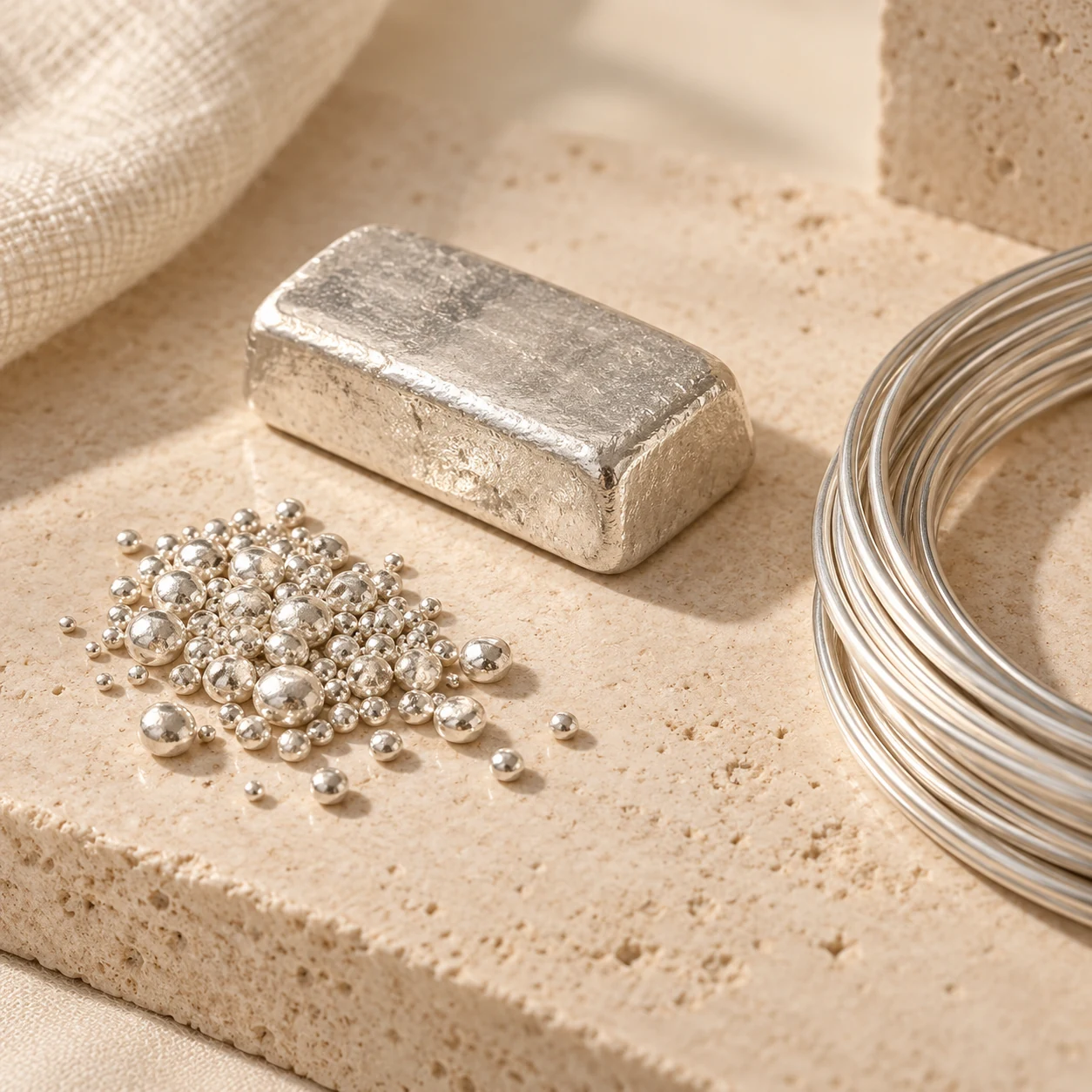 Silver bar, granules and wire on travertine