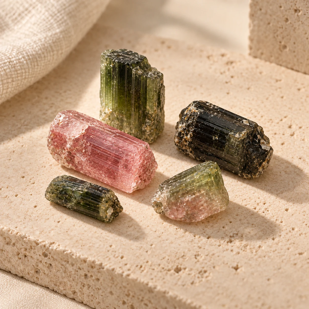 Pink and green natural tourmaline crystals