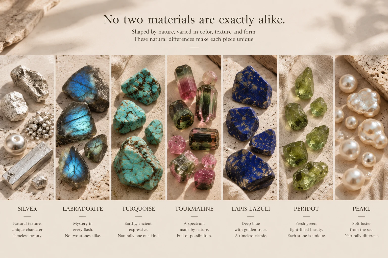 Seven natural materials showing their varied textures, colors and forms