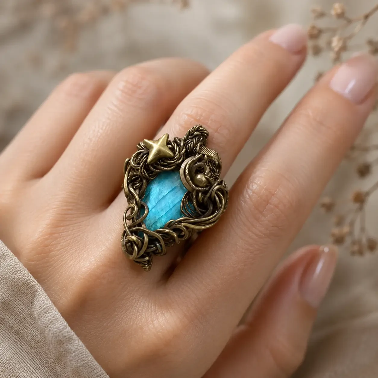 Wire-wrapped blue-flash labradorite ring worn on the hand