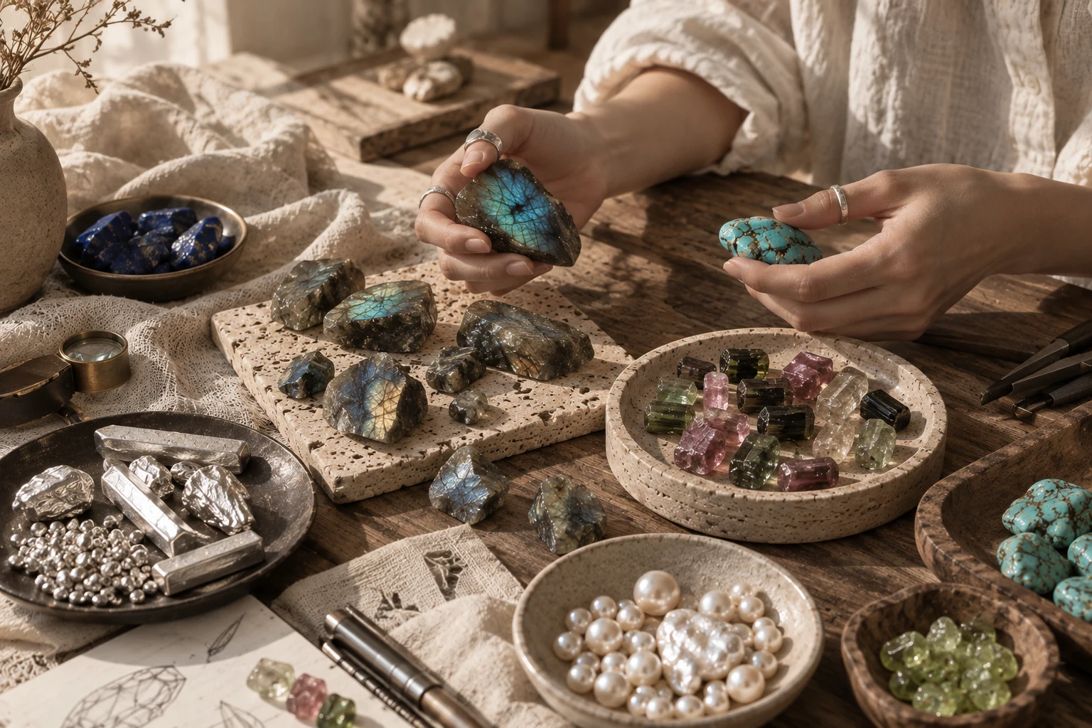 Hands selecting labradorite and turquoise at a material worktable