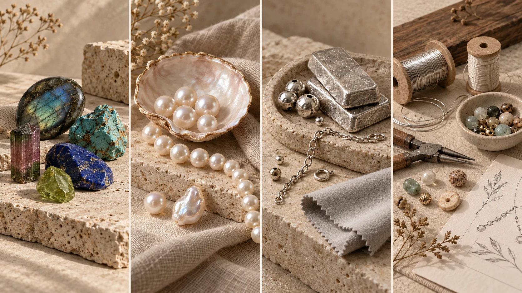Natural stones, pearl, silver and jewelry-making materials