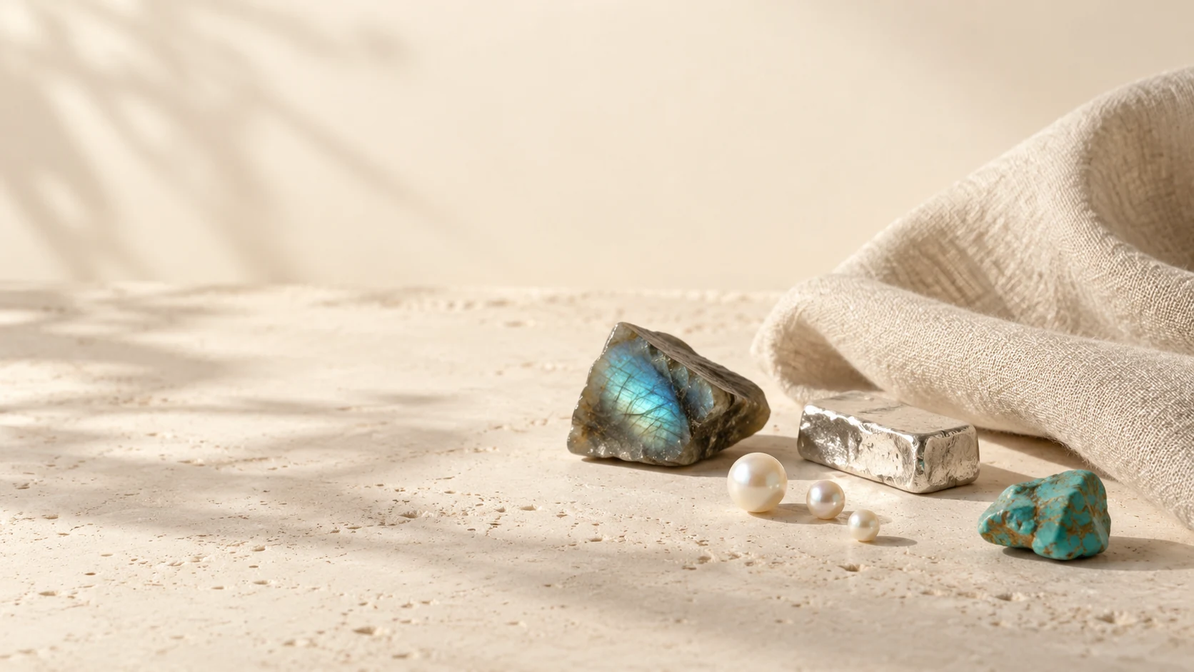 Labradorite, pearl, silver and turquoise with natural shadows and linen